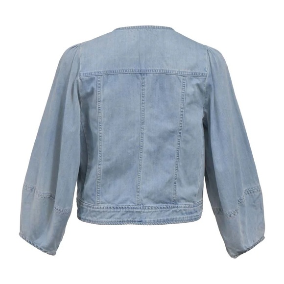 Ulla Johnson Light Wash Denim Cotton Jacket Collarless Puff Sleeve Boho Eclectic - Picture 2 of 9